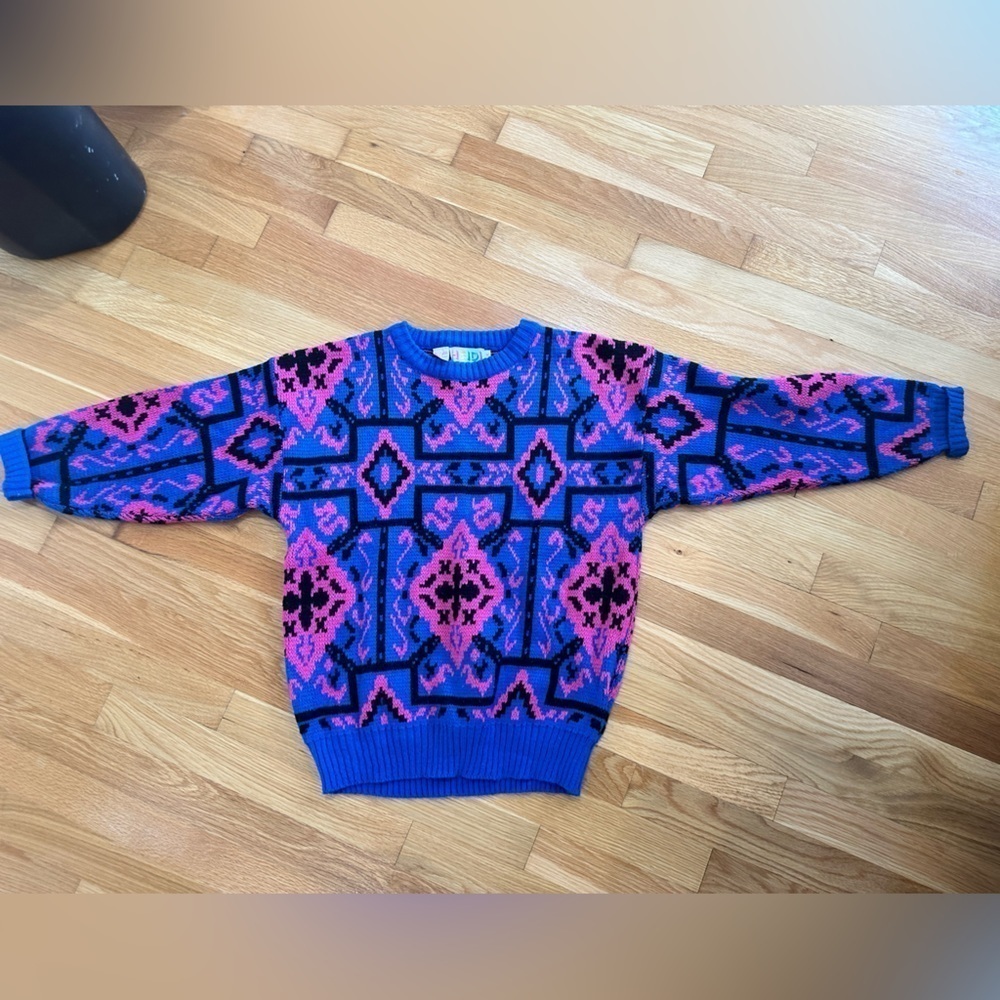 Vtg Colorful Sweater Geometric Knit Ski Sz M Colorblock 80’s Grunge Art Cosby 3D